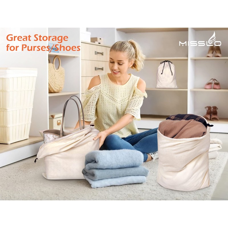 MISSLO Cotton Breathable Dust-proof Drawstring Storage Pouch Bag (Pack 3