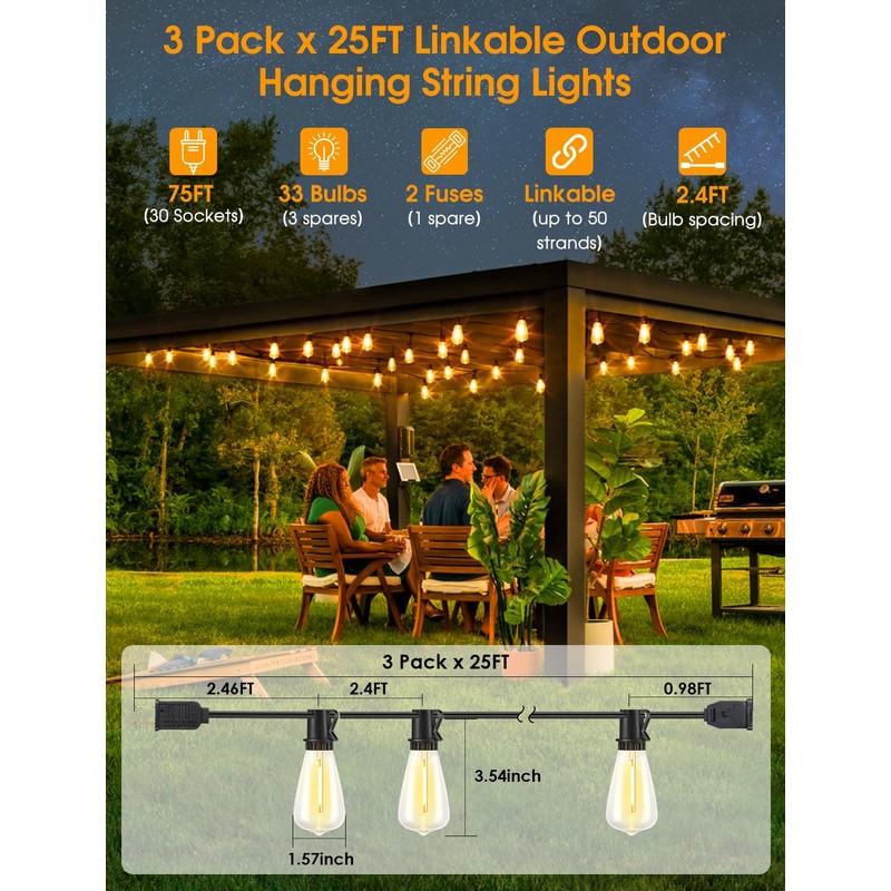 Larkvue 75FT(3x25FT) Outdoor String Lights, Patio Lights with 30+3 LED