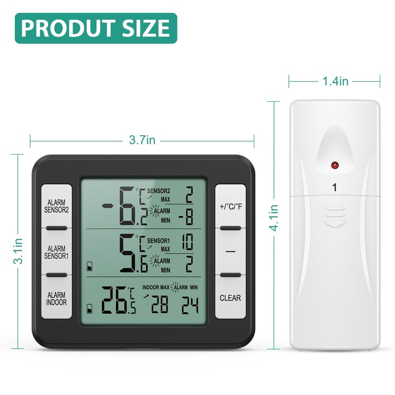 ORIA Refrigerator Thermometer, Wireless Digital Freezer Thermometer with 2 Wireless
