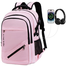 FENGDONG - Mochila para portátil con carga USB y auriculares para portátil de 17.3 pulgadas, Rosa claro, Moderno