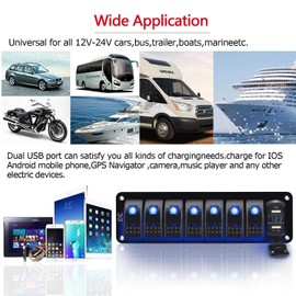 FABOOD F 12V 24V Rocker Switch Panel 8 Gang Toggle Switches Waterproof ON/Off Blue LED Backlight with 4.8 Amps Dual USB Voltmeter for Boat Car Marine Truck Trailer Caravan