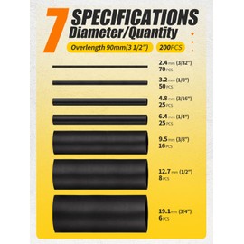 Eventronic Heat Shrink Tubing Kit 3.54" Extra-Length,3:1 Ratio Dual Walled with Strong Adhesive Lined, Marine Grade Shrink Wrap - Industrial Heat-Shrink Tubing -Black 200 PCS…