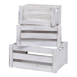 Set of 3 Nesting Wooden Crates, Small Rustic Farmhouse Wood Storage Boxes with Handles, Stackable Compact Organizer Bins for Kitchen Bathroom Bedroom Decor, 3 Sizes & 3 Colors (White, Brown, Black)