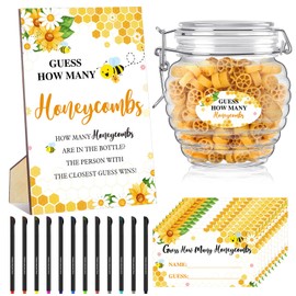 GlikCeil 76 Pcs Bee Baby Shower Games Include Guess How Many Honeycombs Wood Sign and 60 Guessing Cards 12 Pens 2 Cute Stickers 1 Honey Jar for Baby Shower Birthday Guests Gender Reveal Party Favors