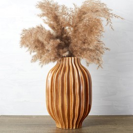 Large Ceramic Vase for Rustic Farmhouse, 11”Tall Decorative Pottery Living Room Centerpiece, Round Brown Kitchen Decoration, Fall Flower Vase for Pampas Grass on Fireplace Mantel Console Table