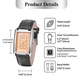 JewelryWe Couple Watches Vintage Partner Friendship Leather Bracelet Watch Analogue Quartz Wrist Watch Classic Rectangular Casual Watch with Roman Numerals Dial Gift for Men Women, Type 4 - Black -