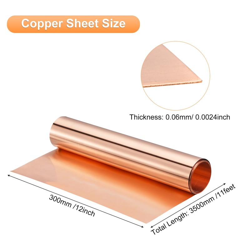 uxcell Copper Sheet Roll 3500mm x 300mm x 0.06mm, 99.9%