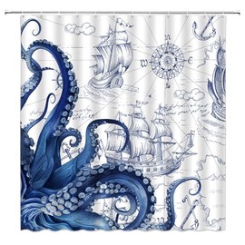 YSATNSFT Nautical Octopus Shower Curtain Funny Ocean Kraken Blue Octopus Tentacle Coastal Pirate Map Bathroom Decor Polyester Fabric Set with Hooks,(70" WX70 H)