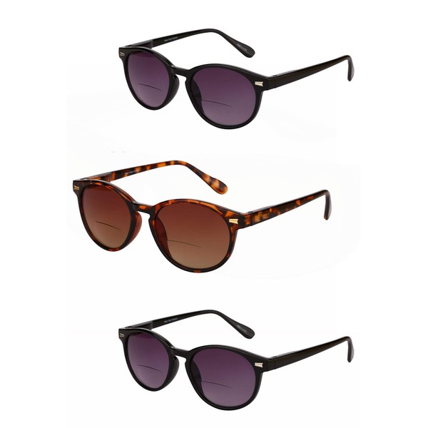 Mass Vision 3 Pair of The Brilliance Bifocal Sunglasses - Round, Full Frame Reading Sunglasses (Black/Tortoise, 3.0)