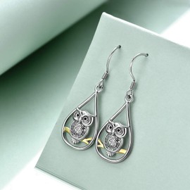 WINNICACA Owl Earrings for Women 925 Sterling Silver Owl Dangle Drop Earring Owl Hook Earrings Owl Jewelry Gifts for Owl Lovers Birthday, Sterling Silver, silver