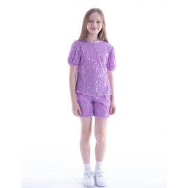 WELAKEN Girls 2 Piece Sequin Summer Outfits Kid Toddler Puff Sleeves Top and Shorts Set with Pockets