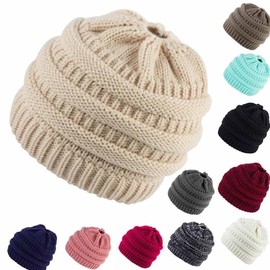 SHTGOI Ponytail Hat Wool Knitted Hat Soft Stretch Winter Hat with Loop Braids Hole Slouch Beanie Hat Chunky Knit Crochet Hat Warm Hat for Women and Girls with Long Hair, beige