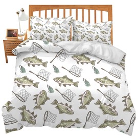 Fish Bedding Set Fishes Theme Comforter Set Fishing Duvet Cover Bedroom Decor Soft Twin Full Queen King Size Quilt Cover with 2 Pillowcases for Kids Teens Adults Women Men 90x90
