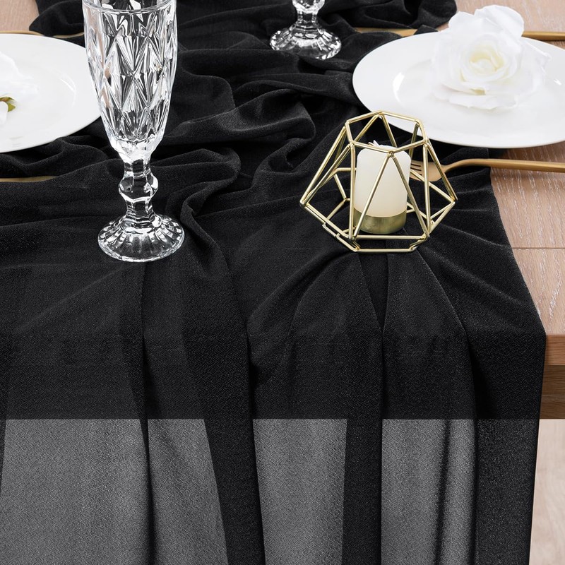 Socomi 4pcs Black Gauze Table Runner Chiffon Like Wedding Table