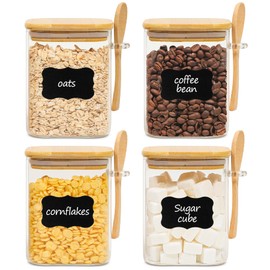 ComSaf 31oz Glass Jars with Bamboo Lids & Spoons Set of 4, Square Glass Containers with Lids, Sugar Coffee Containers Salt Spice Jars, Pantry Storage Container for Loose Tea, Candy, Brown Sugar, Nuts