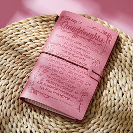 JEWPHX To My Granddaughters Gift Pink Leather Journal+Heart Diamond Pen Set ,Engraved Notebook Writing Journal,Refillable Notepads,Travel Diary Graduation Back to School,Christmas,Birthday Gifts for