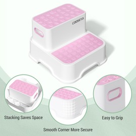 COOSEYA 2 Step Stools for Kids,Toddler Step Stool for Bathroom Sink,No-Slip Double up Stepping for Toddlers Bathroom, Multifunctional Toilet Potty Stool for Kids,Toilet Potty Training(2 Packs)（Pink）