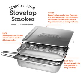 Camerons Large Stovetop Smoker - Stainless Steel BBQ Smoker Box w/Hickory & Oak Wood Chips & Recipe Guide - Indoor Outdoor Use on Any Heat for Smoking Meats, Veggies & Seafood - Grilling Gift for Men