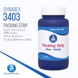 Dynarex Plain Packing Strip, Sterile Wound Care, 100% Cotton Woven Medical Packing Strip, Soft & Absorbent, 1” x 5 yd, 1 Case of 12 Packing Strip in Jars