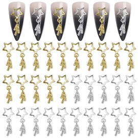 DANNEASY 30pcs Star Tassels Nail Charms 3d Gold Silver Charms for Nails Flat-back Nail Art Charms Hollow Nail Studs Alloy Nail Jewels Nail Decoration for Acrylic Nails Accessories