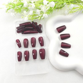 Burgundy Cat Eye Glue on Nails Coffin Short Press on Nails Gel Glitter Fake Nails Fashion Red Cat Eye Nails Press ons Kit Glossy Acrylic Nails Reusable Artificial False Nails for Girls and Women 30Pcs