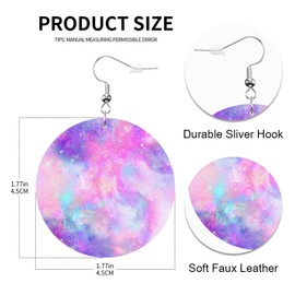 Swono Marbled Galaxy Print Round Faux Leather Earrings for Women Pink Purple Blue Watercolor Fantasy Magic Abstract Sky Unicorn Pastel Lightweight Double-Side Printed Drop Dangle Earring for Gift