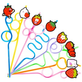 24 Strawberry Drinking Crazy Straws for Kids | Red, Strawberry Themed Fruits Birthday Party Supplies Favors Decorations with 24 PVC Charm, 2 Cleaning Brushes Reusable Straw