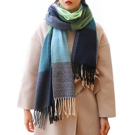 Loritta Womens Scarf Fashion Long Plaid Shawls Wraps Big Grid Winter Warm Lattice Large Scarves Gifts, Green Water Blue Plaid