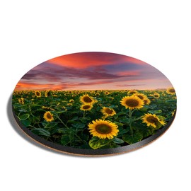 1 x Round Coaster - Sunflowers Field Sunset Flowers Cork Backed MDF Glossy Tea Coffee Accessory #14370