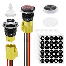 FILN 19mm Momentary Push Button Switch - 2Pcs, Black Plated with 185 Symbols & Pre-Wired Harness, IP65 Waterproof, 12V/24V 5A for Car Marine Boat Motorcycle DIY (Red LED Light)