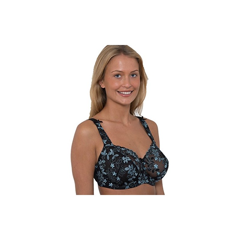 Gemm Ladies Black Turquoise Embroidered Large Bosom Lace Underwired Firm