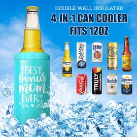 SANDJEST 4-in-1 Mom Tumbler Can Cooler Gifts for Mom from Stepson, Stepdaughter - 12oz Best Bonus Mom Ever Stainless Steel Insulated Cans Coozie Cup Mug Christmas, Birthday, Mother's Day Gifts