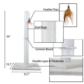 HUTPET 34" Tall Cat Scratching Post Double Base and Reinforcement Design,Sisal Scratch Posts Trees with Feather Toys for Indoor Cats(Beige