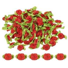 PATIKIL Mini Ribbon Roses, 200 Pcs Tiny Satin Fabric Flowers with Green Leaves Embellishments Rosettes Applique for DIY Crafts Sewing Wedding,Red