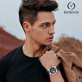 RORIOS Analog-Digital Watch, Men's, Chronograph, Stopwatch, Date and Day Display, Waterproof, LED Luminous, Multifunctional, Shock Resistant, Quartz, Sports Watch, Popular, Business, Casual, Work or