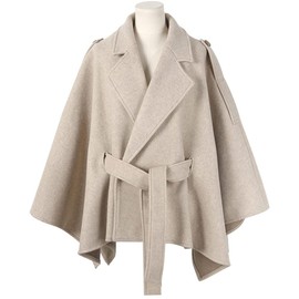 CHARTOU Women's Elegant Lapel Collar Wool Blend Bow-Tie Poncho Cape Jacket with Belt (Large, Beige)