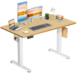 DUMOS Electric Standing Desk, Height Adjustable Workstation with LED Display, Memory Presets, Hooks & Cable Management, Ergonomic Computer Desk for Home Office, 55.1 x 23.6, Oak