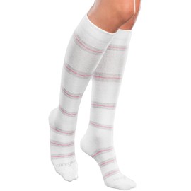 Core-Spun Light (10-15mmHg) Support Patterned Knee High Socks -Thin Line (White-Grey & Pink Stripe, X-Large)