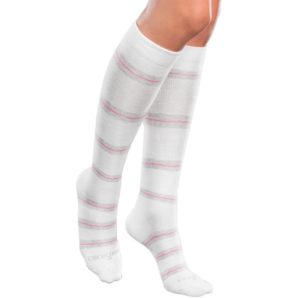 Core-Spun Light (10-15mmHg) Support Patterned Knee High Socks -Thin Line (White-Grey & Pink Stripe, X-Large)