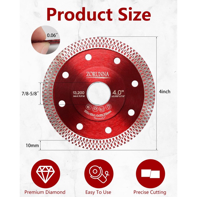 ZORUNNA 5Pcs Diamond Saw Blades, 4" Tile Cutting Blade, Chip-Free