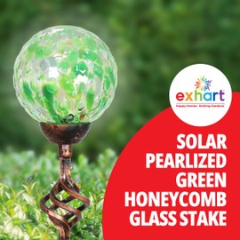 Exhart Garden Solar Lights, Decorative LED Honeycomb Glass Ball Garden Stake, Glass and Metal Outdoor Decoration, Green, 4 x 31 Inch