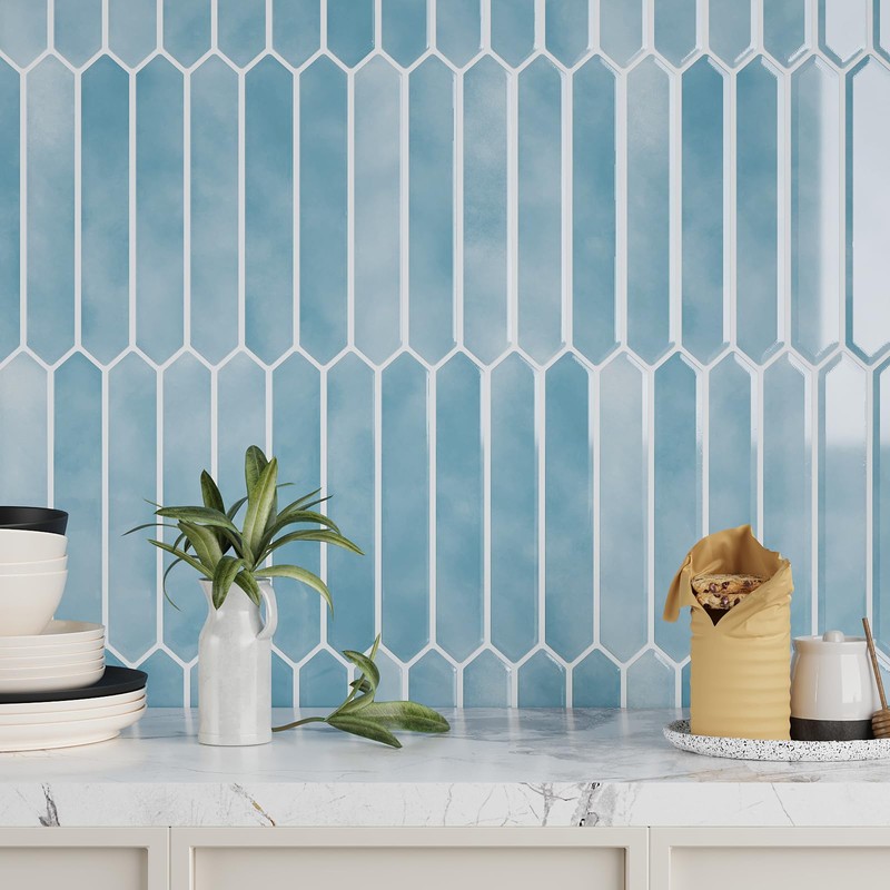 VEELIKE Blue Long Hexagon Peel and Stick Tile Backsplash 6