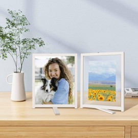 Qiannhee Floating Frame Set of 2, White Picture Frame 8x10 for Desk or Wall, Wood Double Glass Photo Frame Hold 8x10 6x8 5x7, Modern Floating Picture Frame for Home Decor, Wedding, Gifts