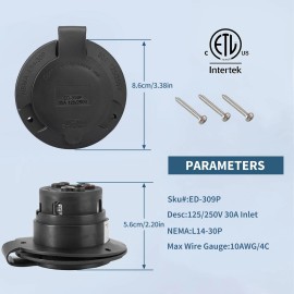 Epicord 125/250V 30A NEMA  L14-30P RV Power Inlet Plug for RV Camper Trailer Boat US