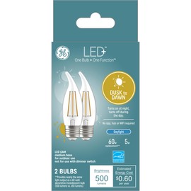 GE LED+ Dusk to Dawn LED Light Bulbs, 5W, Automatic On/Off Outdoor Light Decorative Bulbs, Daylight, Medium Base (2 Pack)