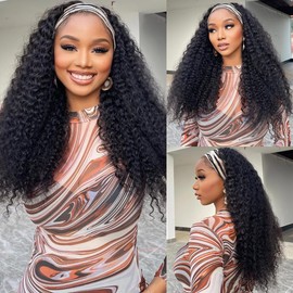 QCCSRR Curly Headband Wig Human Hair 24 Inch Glueless None Lace Front Deep Curly Wig Wear and Go Wigs for Black Women Machine Made Headband Half Wigs 180% Density Natural Color