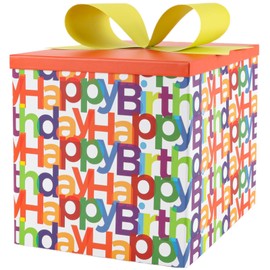 BIOBROWN Medium Birthday Gift Boxes with Lids for Presents, 9x9x9 Inches Text Design Collapsible Gift Box for Birthday, Baby Shower, Party