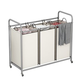LINZINAR 3-Bag Laundry Sorter,Laundry Hamper Cart with Heavy Duty Rolling Lockable Wheels and Removable Bags (Beige)