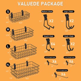 INCLY 30PCS Slatwall Accessories Set, Includes 4 Pack Ventilated Metal Wire Slatwall Baskets and 26PCS Multisized Heavy Duty Slatwall Hooks for Garage Organization Rooms Workshop Storage