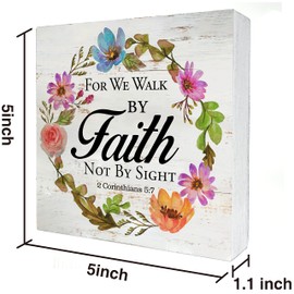 Bible Verse 2 Corinthians 5:7 Wood Box Sign Rustic for We Walk by Faith Not by Sight Scripture Wooden Box Sign Christian Home Office Desk Shelf Decor (5 X 5 Inch)